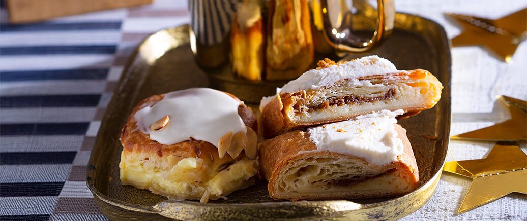 Coffee, Coffee Cake, and Kringle slices on a platter