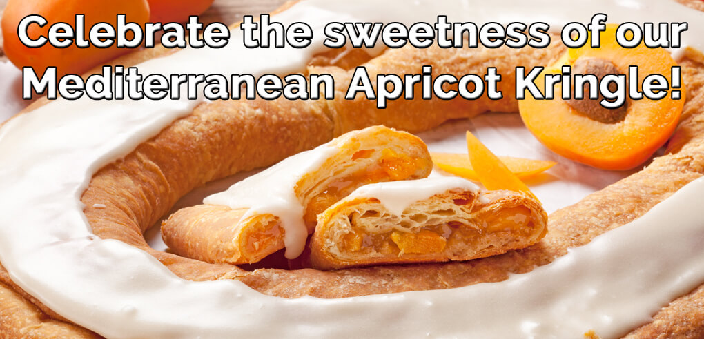 Brightly tart and juicy apricots wrapped in our flaky pastry. Award Winning and a customer favorite! - Item number: 140 - Mediterranean Apricot Kringle