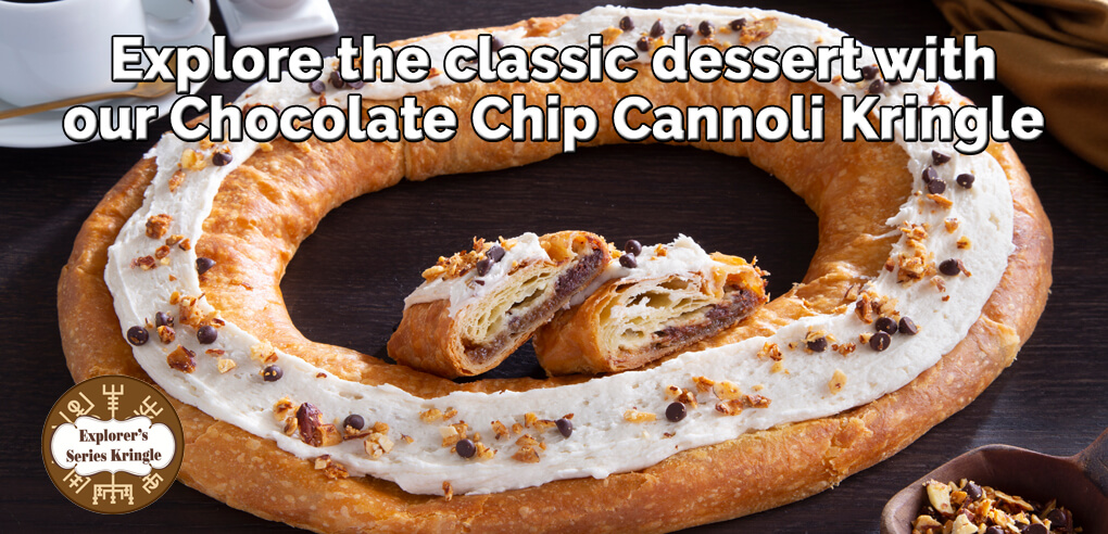 A sweet and smooth cannoli cream layered with premium chocolate chips - Item number: S143 - Chocolate Chip Cannoli Kringle