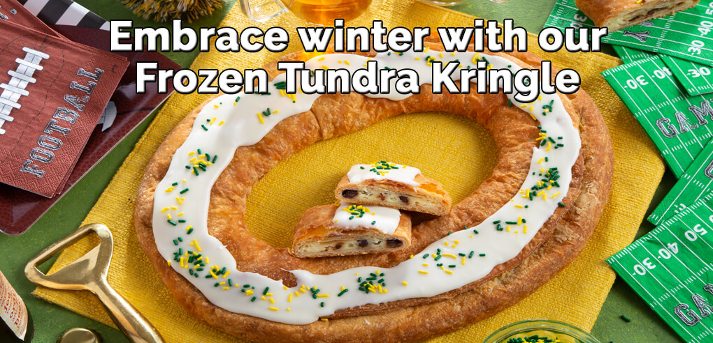 Smooth cheesecake filling with chocolate chunks and topped in green and gold sprinkles. - Item number: 162G - Frozen Tundra Kringle