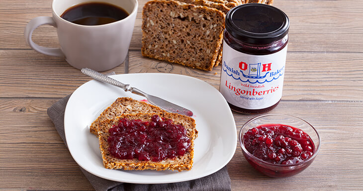 Authentic Lingonberry Jam spread on Danish Rugbrod.